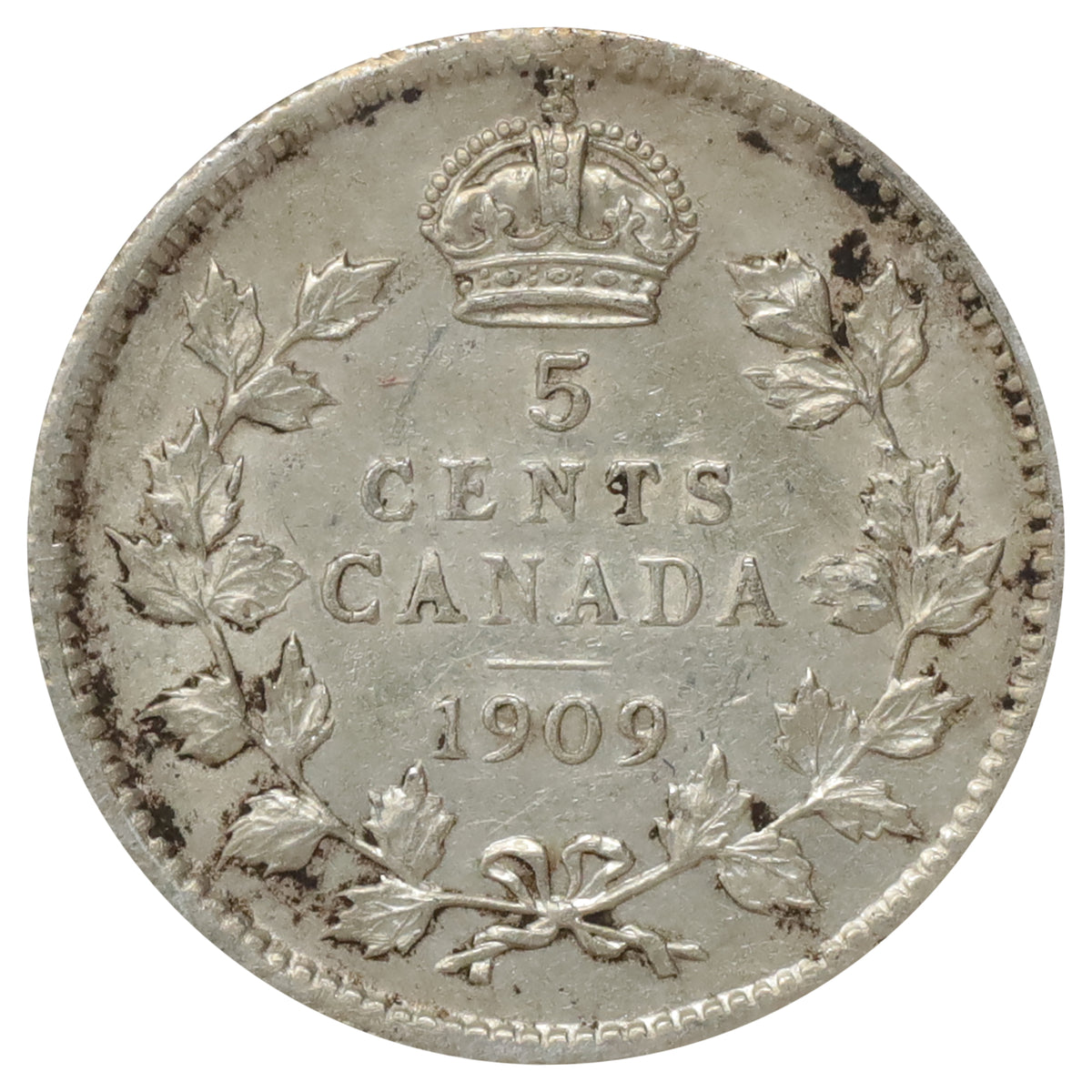 1909 Pointed Leaves Canada 5-cents Extra Fine (EF40) Scratched, marks, or impaired