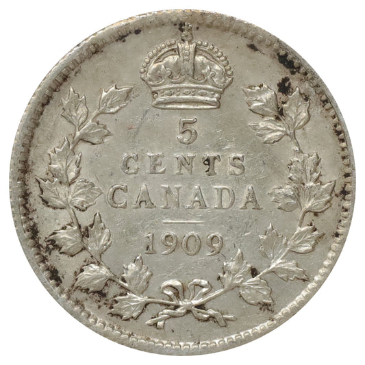 1909 Pointed Leaves Canada 5-cents Extra Fine (EF40) Scratched, marks, or impaired