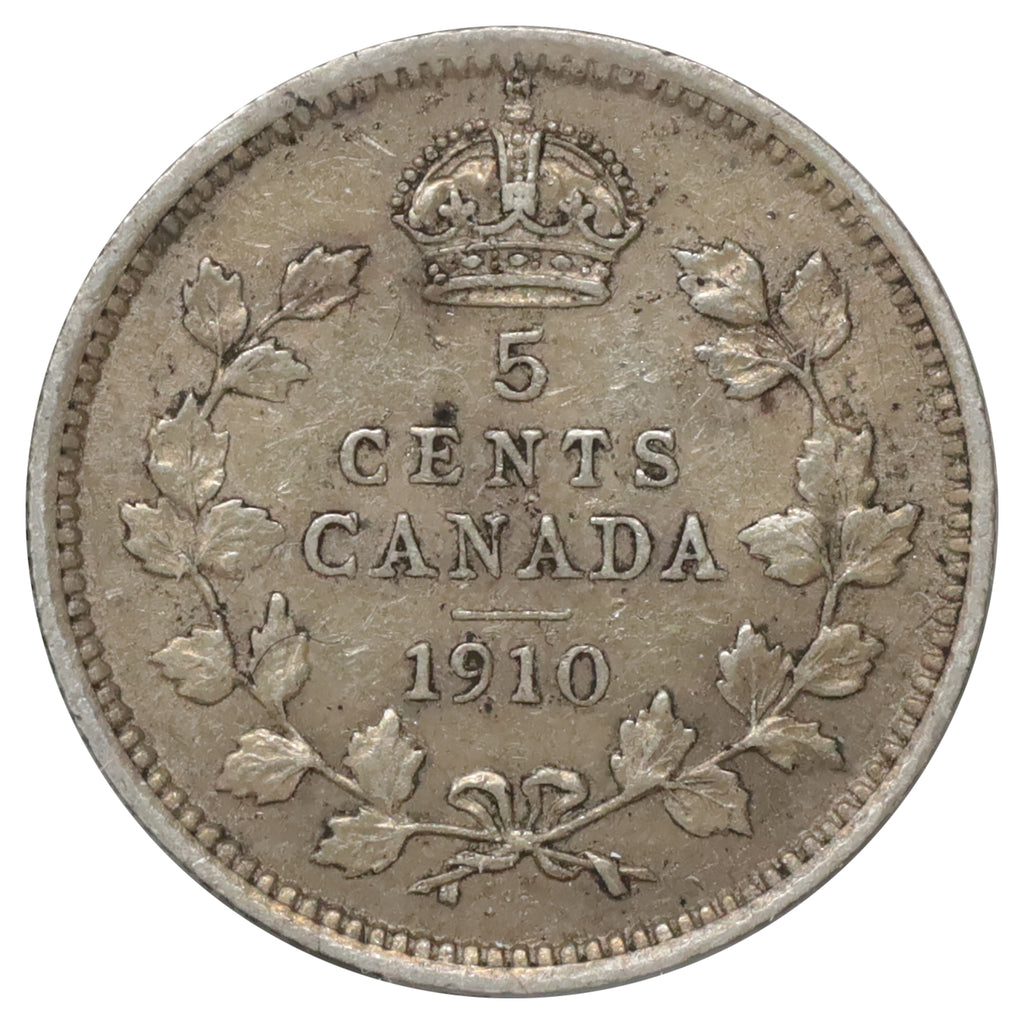 1910 Round Leaves Canada 5-cents VF-EF (VF30) Scratched, marks, or impaired
