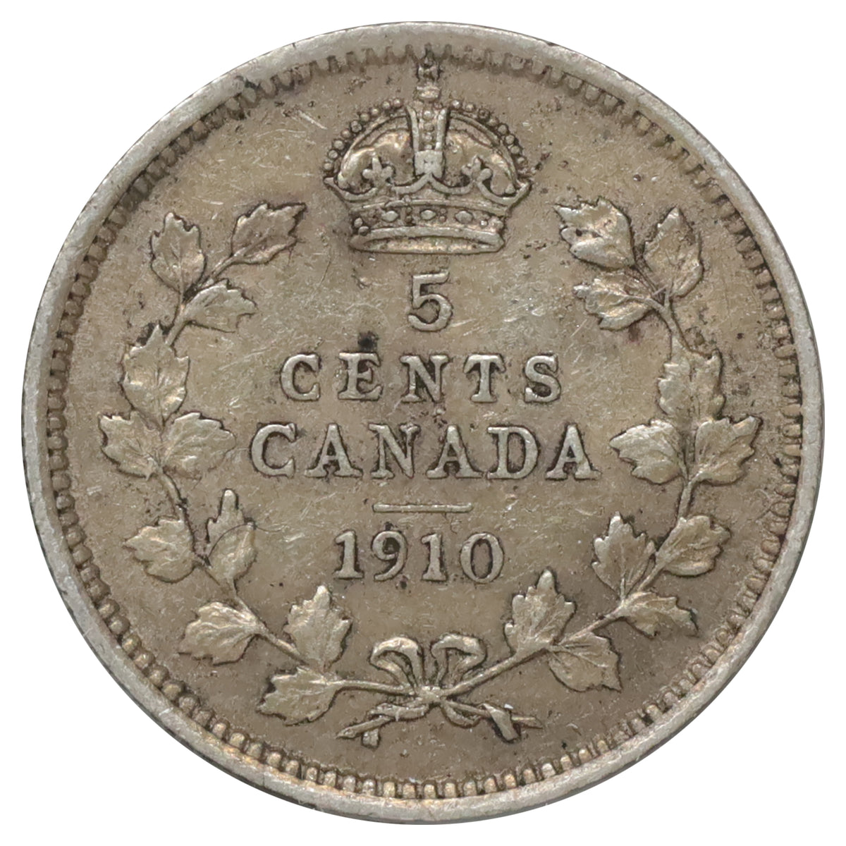 1910 Round Leaves Canada 5-cents VF-EF (VF30) Scratched, marks, or impaired