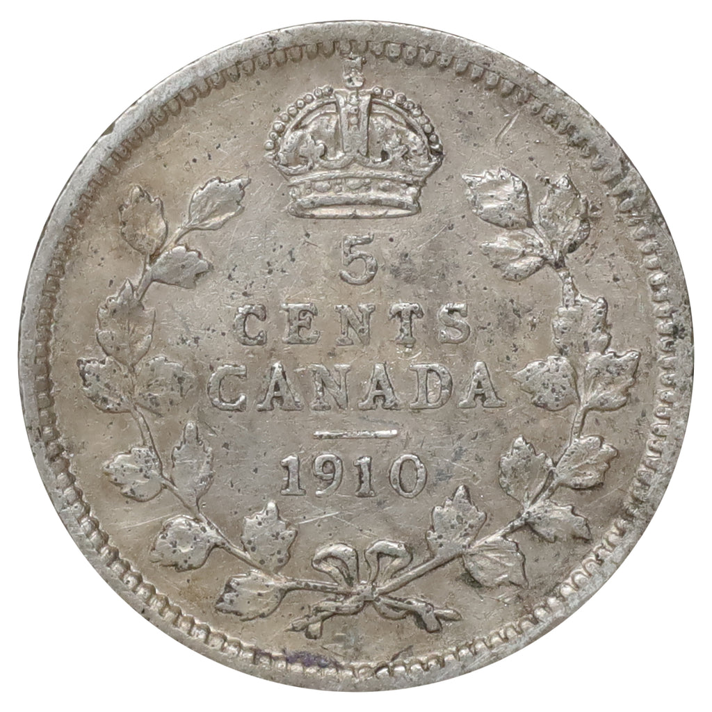 1910 Round Leaves Canada 5-cents VG-F (VG10) Scratched, marks, or impaired