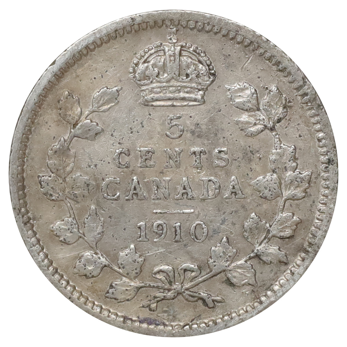 1910 Round Leaves Canada 5-cents VG-F (VG10) Scratched, marks, or impaired