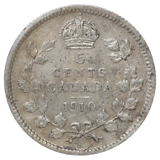 1910 Round Leaves Canada 5-cents VG-F (VG10) Scratched, marks, or impaired