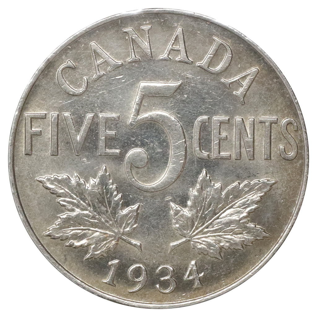 1934 Canada 5-cents Uncirculated (MS60) Scratched, marks, or impaired