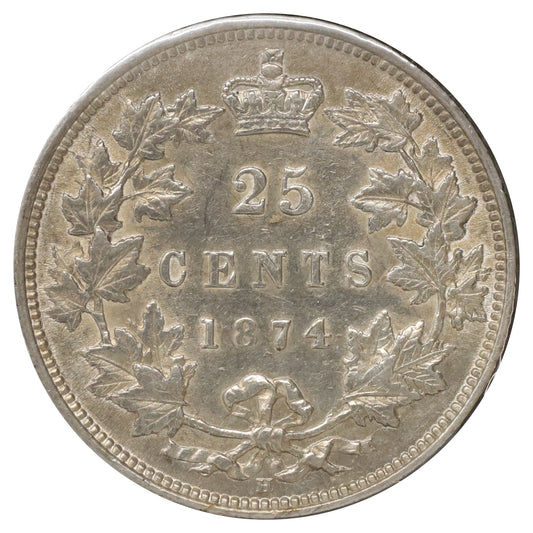1874H Canada 25-cents Almost Uncirculated (AU50) Scratched, marks, or impaired