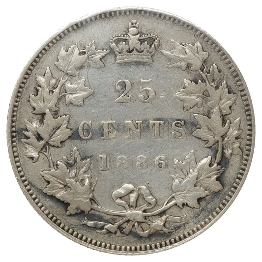 1886 Normal 6 Obv. 4 SBE Canada 25-cents Very Fine (VF20) Scratched, marks, or impaired