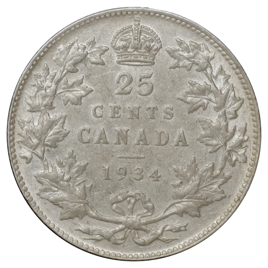 1934 Canada 25-cents VF-EF (VF30) Scratched, marks, or impaired