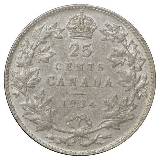 1934 Canada 25-cents VF-EF (VF30) Scratched, marks, or impaired
