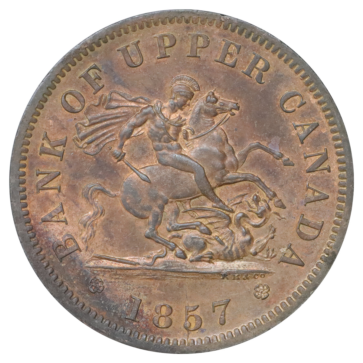 PC-60 1857 Upper Canada Penny Bank Token Brilliant Uncirculated (MS63) Red &Brown