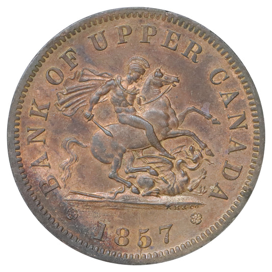 PC-60 1857 Upper Canada Penny Bank Token Brilliant Uncirculated (MS63) Red &Brown