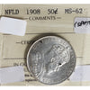 1908 Newfoundland 50-cents ICCS Cert. MS62 (Spots)
