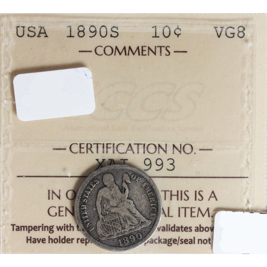 1890s USA Dime ICCS Cert. VG8