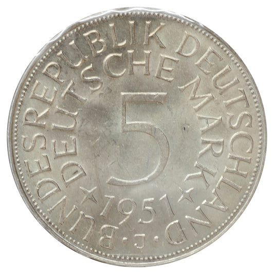 Germany 1951J 5 Marks Choice Brilliant Uncirculated (MS63) scratched