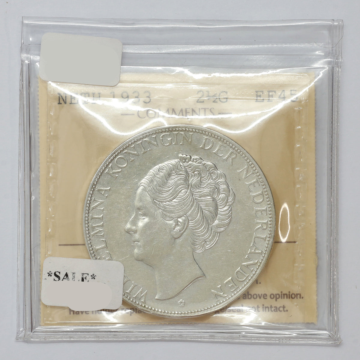 Netherlands 1933 Wilhelmina 2 1/2 Gulden ICCS Certified EF45 (DOD)