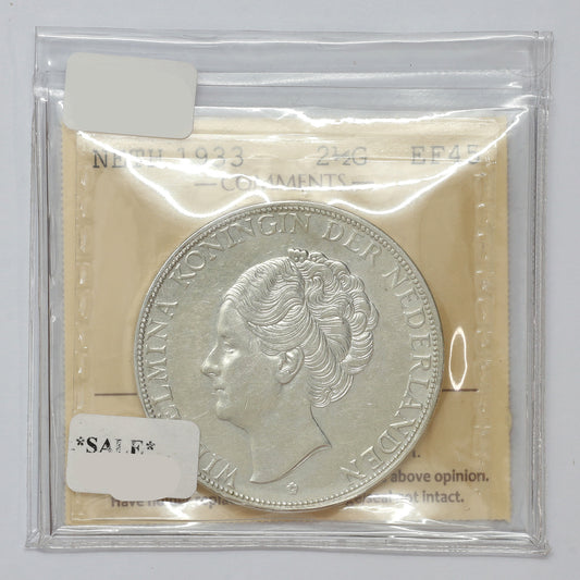 Netherlands 1933 Wilhelmina 2 1/2 Gulden ICCS Certified EF45 (DOD)