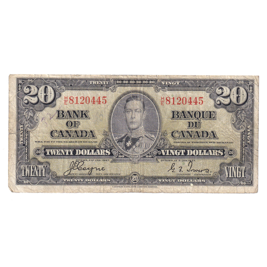 BC-25c 1937 Canada $20 Coyne-Towers, Various Prefixes, Circulated (damaged or writing)