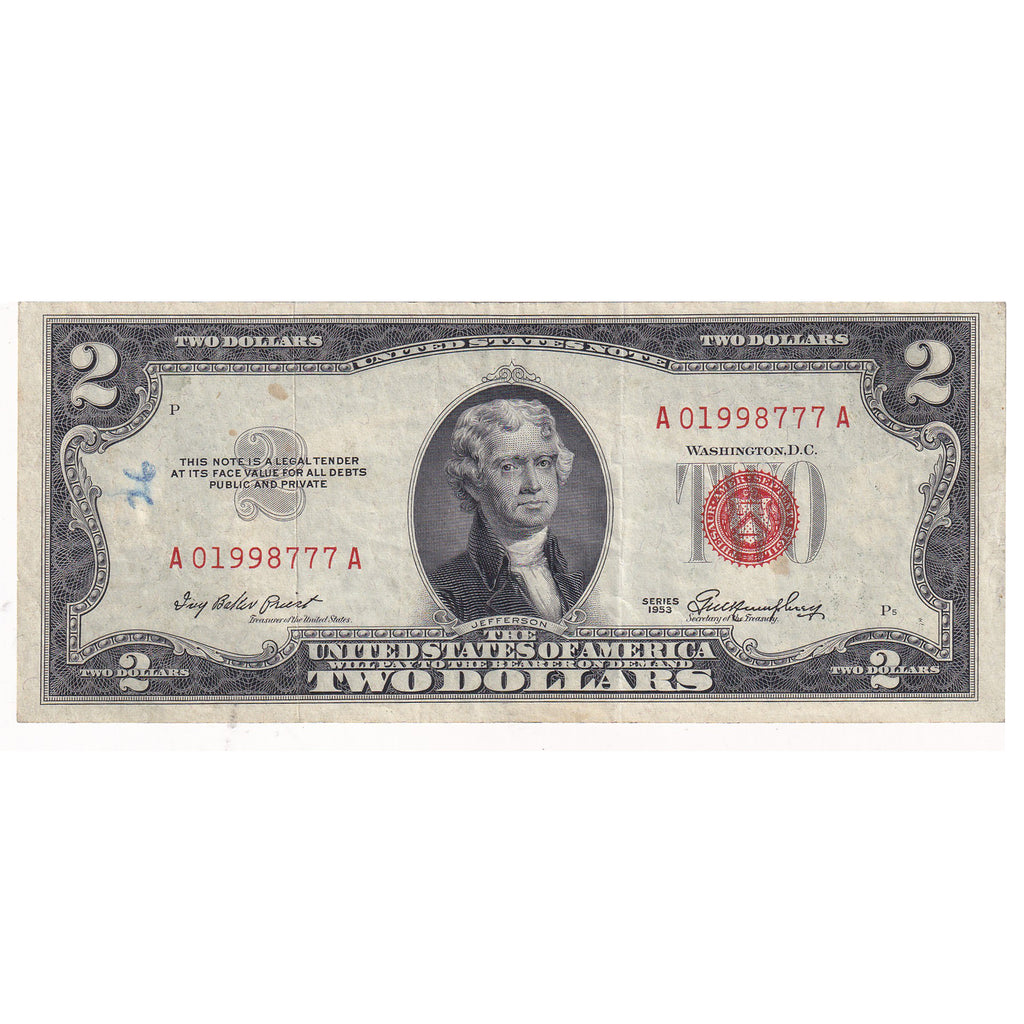 1953 USA $2 Note, FR #1509, Priest-Humphrey, Extra Fine (annotations)