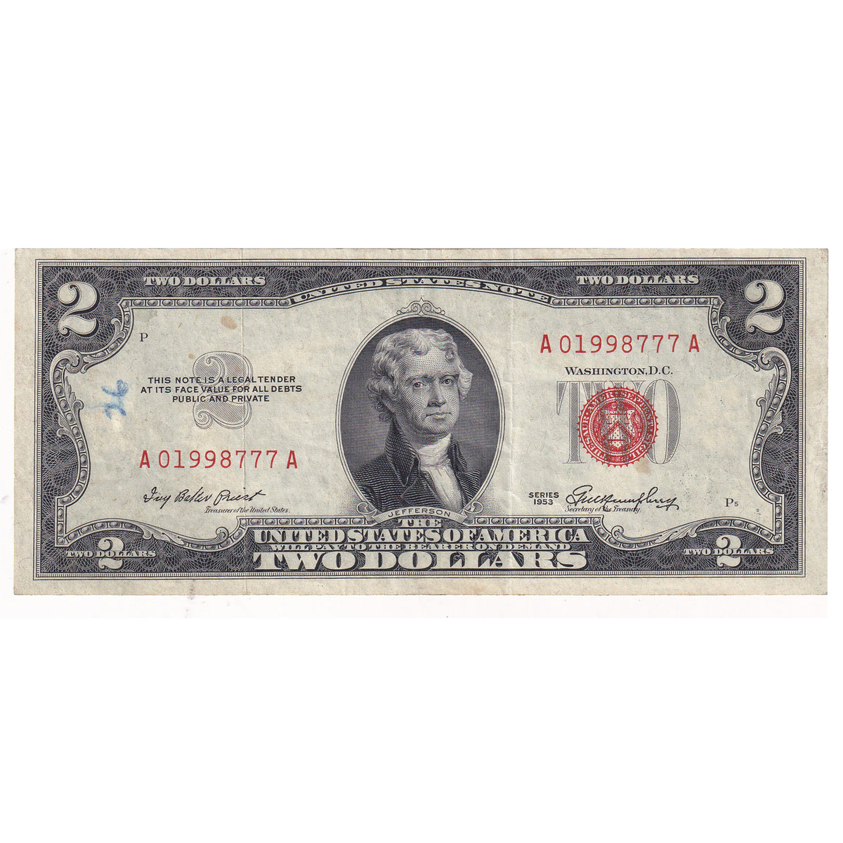 1953 USA $2 Note, FR #1509, Priest-Humphrey, Extra Fine (annotations)