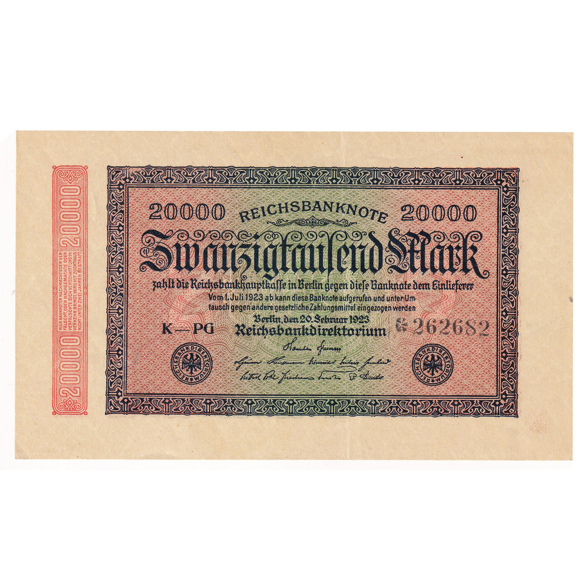 Germany 1923 20,000 Mark Note, Pick #85 (DOP)