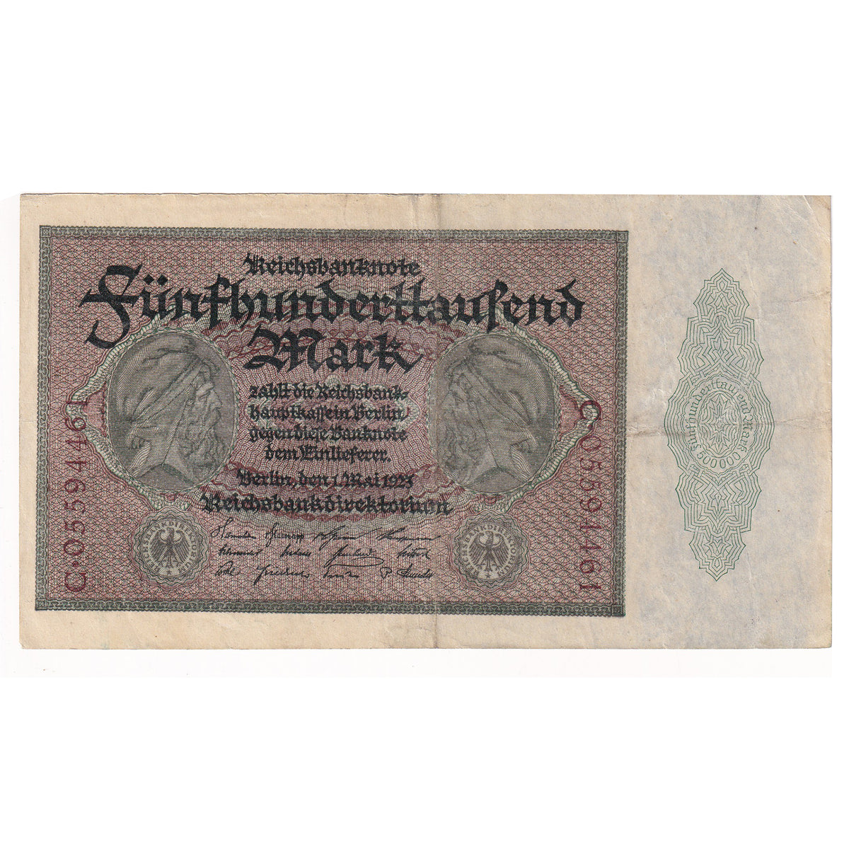 Germany 1923 500,000 Mark Note, Pick #88, EF-AU (DOP)