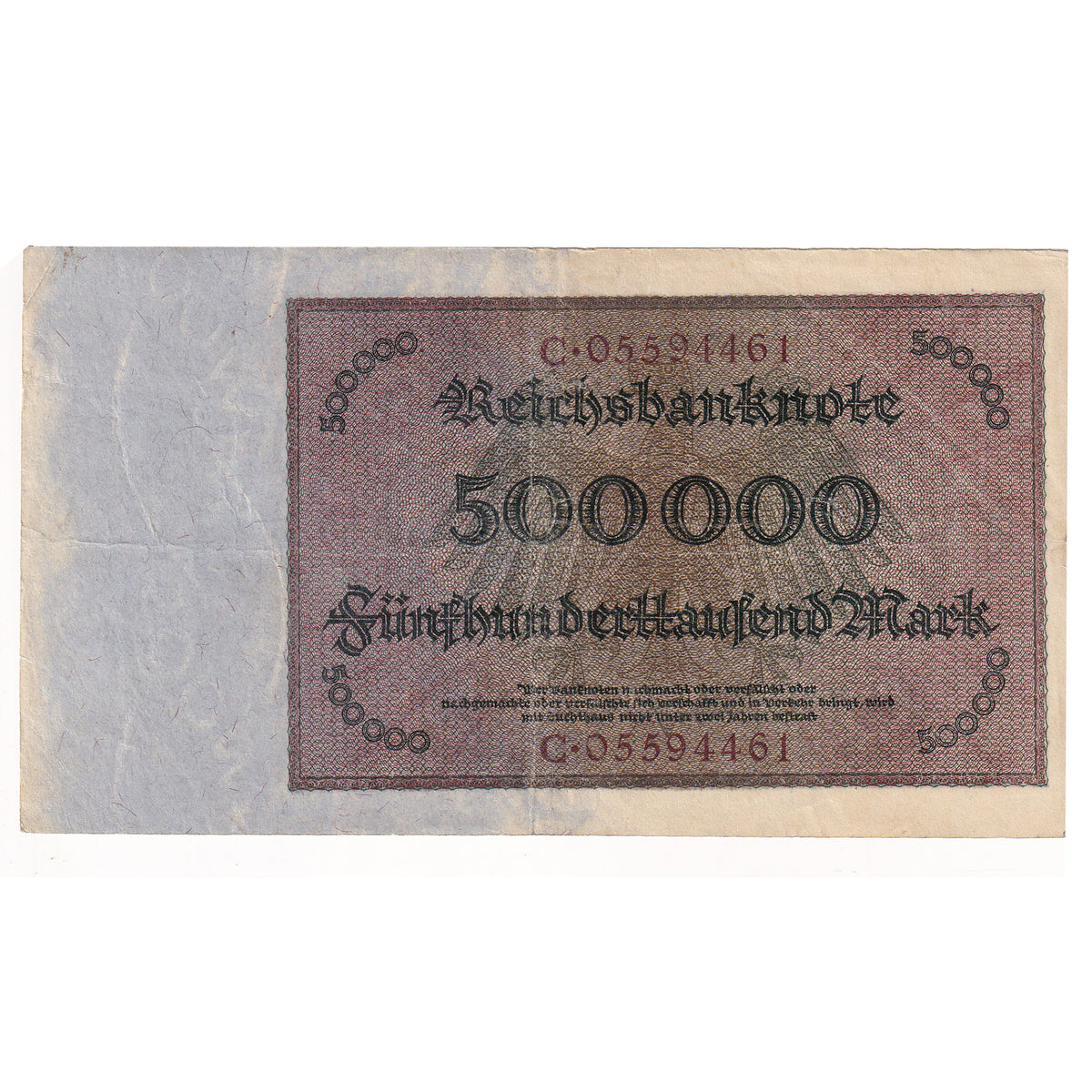 Germany 1923 500,000 Mark Note, Pick #88, EF-AU (DOP)