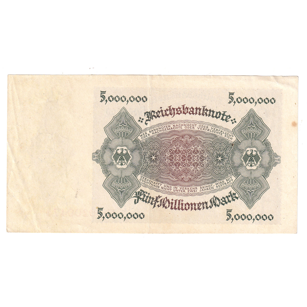 Germany 1923 5 Million Mark Note, Pick #90, Almost Uncirculated (DOP)