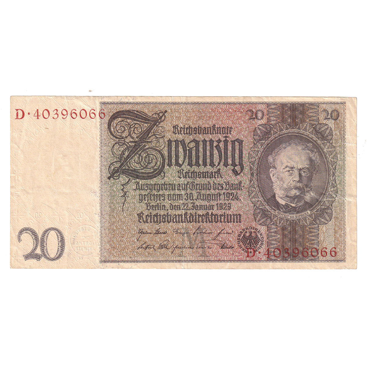 Germany 1929 Third Reich 20 Deutsche Mark Note, Pick #181a (DOP)