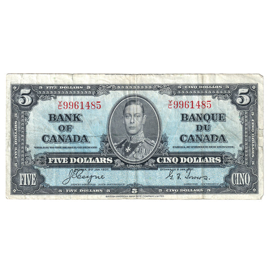 BC-23c-E25a-i 1937 Canada $5 Coyne-Towers, Cut off Size, Y/C, VF (tears)