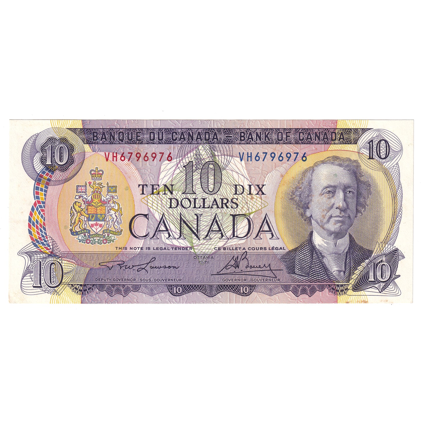 BC-49c-N1-iii 1971 Canada $10 Lawson-Bouey, 3 Digit RADAR, VH6796976, AU
