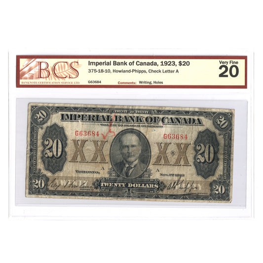 375-18-10 1923 Imperial Bank $20 Howland-Phipps, Check Letter A, BCS Certified VF20 (Writing, Holes)