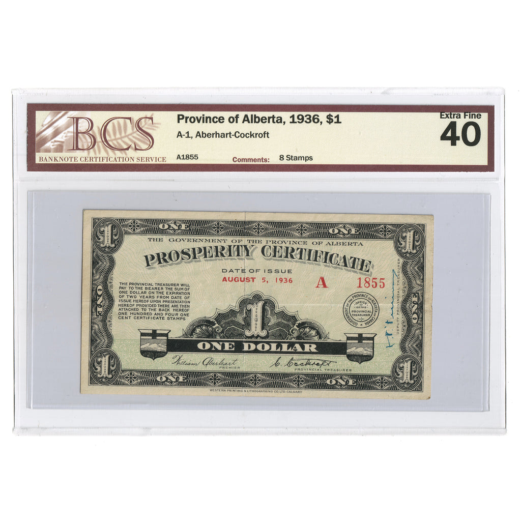 Province of Alberta, 1936 $1 Prosperity Certificate, Aberhart-Cockroft, 8 Stamps, BCS Certified EF40