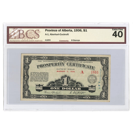 Province of Alberta, 1936 $1 Prosperity Certificate, Aberhart-Cockroft, 8 Stamps, BCS Certified EF40
