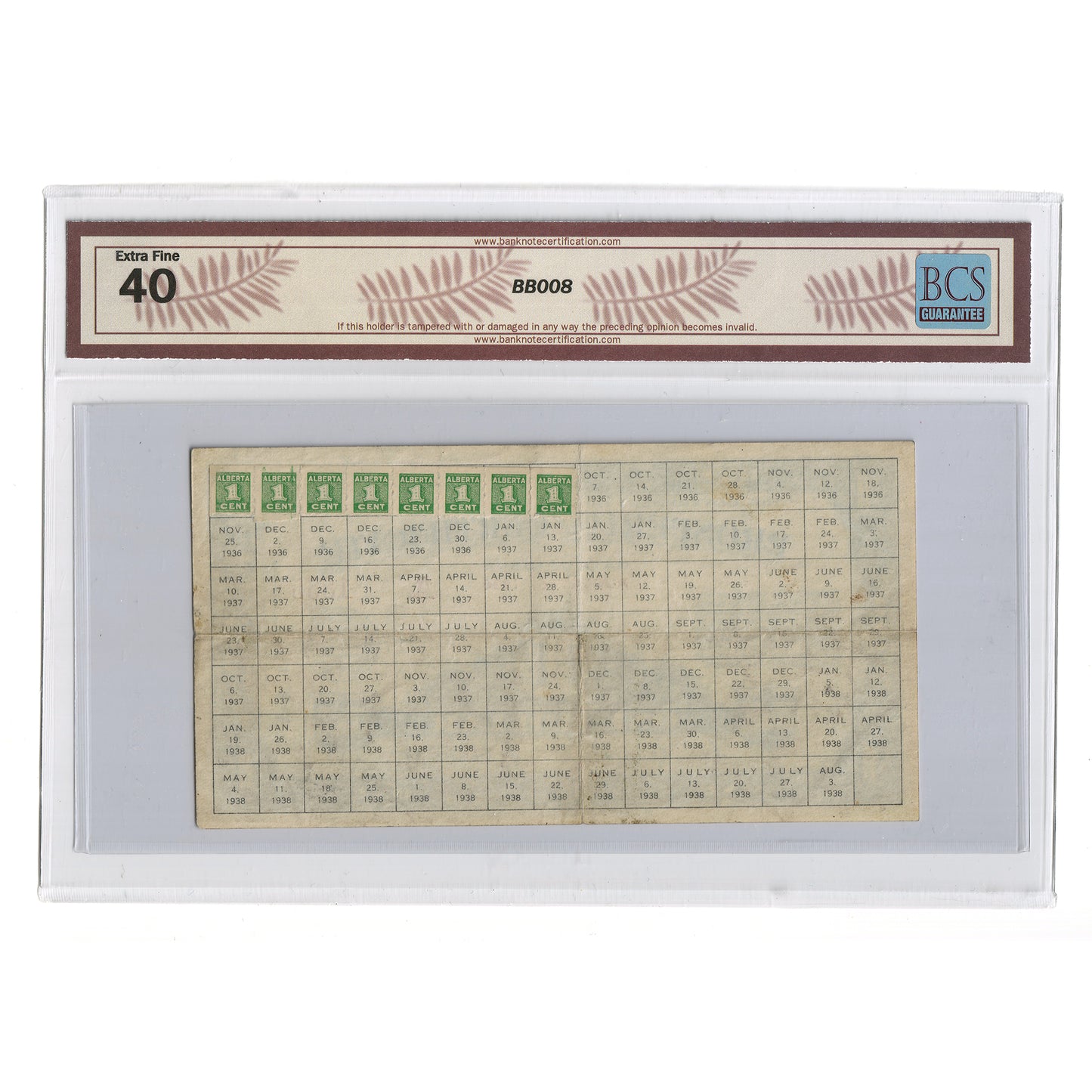 Province of Alberta, 1936 $1 Prosperity Certificate, Aberhart-Cockroft, 8 Stamps, BCS Certified EF40