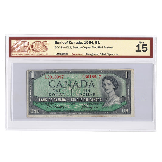 BC-37a-i-E11 1954 Canada $1 Beattie-Coyne, Modified, Changeover, Offset Signatures, H/M, BCS Certified F15