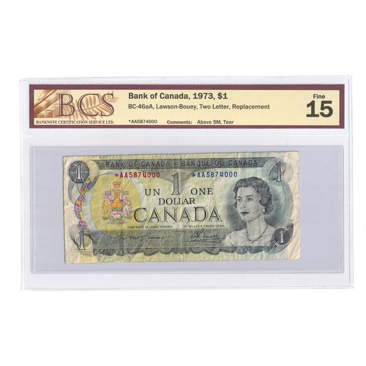 BC-46aA 1973 Canada $1 L-B, Two Letter, Replacement, *AA BCS Certified F15 (Above 5M, Tear)