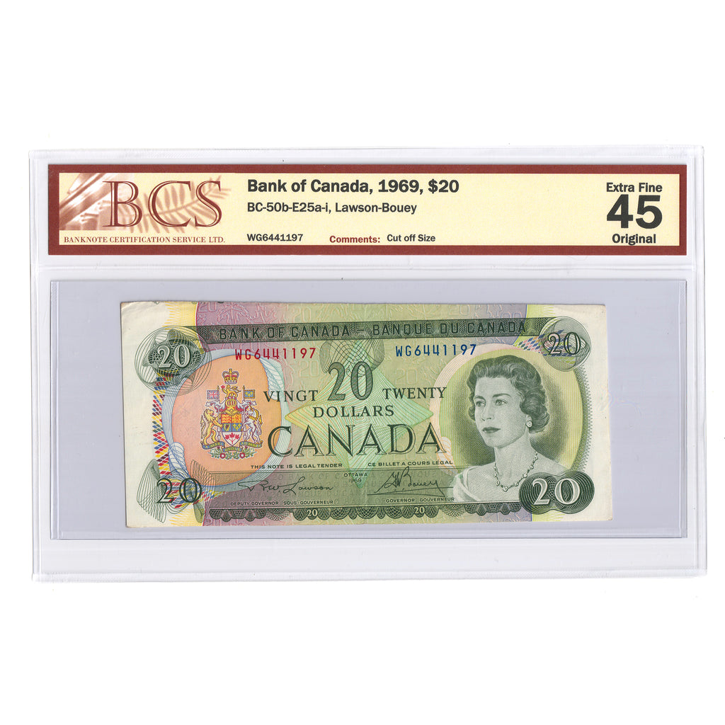 BC-50b-E25a-i 1969 Canada $20 Lawson-Bouey, Cut off Size, WG, BCS Certified EF45, Original