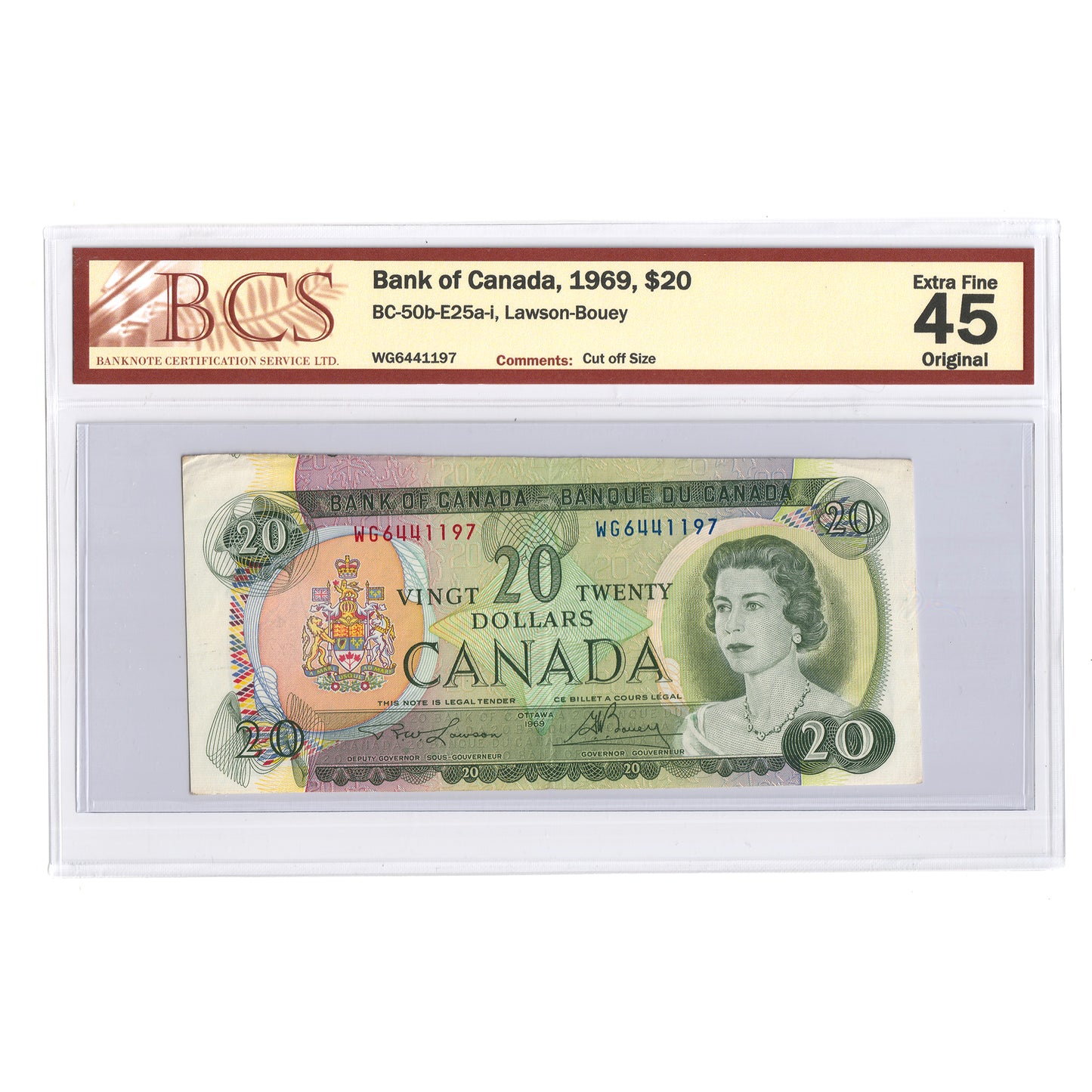 BC-50b-E25a-i 1969 Canada $20 Lawson-Bouey, Cut off Size, WG, BCS Certified EF45, Original