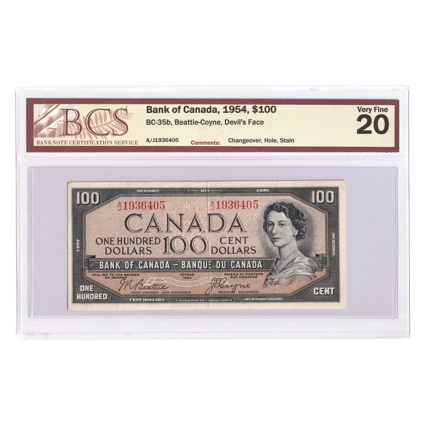 BC-35b 1954 Canada $100 B-C, Devil's Face, Changeover, A/J, BCS Certified VF20 (Hole, Stain)