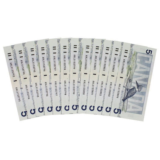 Lot of 12x Consecutive 1986 Canada $5 Notes, Knight-Thiessen, ANL, 12Pcs.