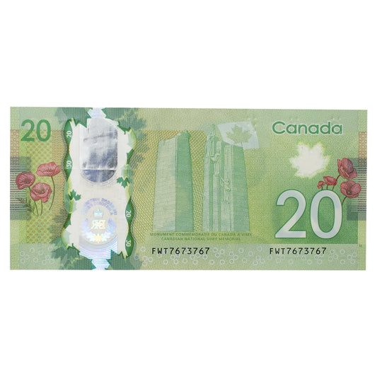 BC-74-N1-iii 2015 Canada $20 Wilkins-Poloz, 3 Digit RADAR FWT7673767, EF