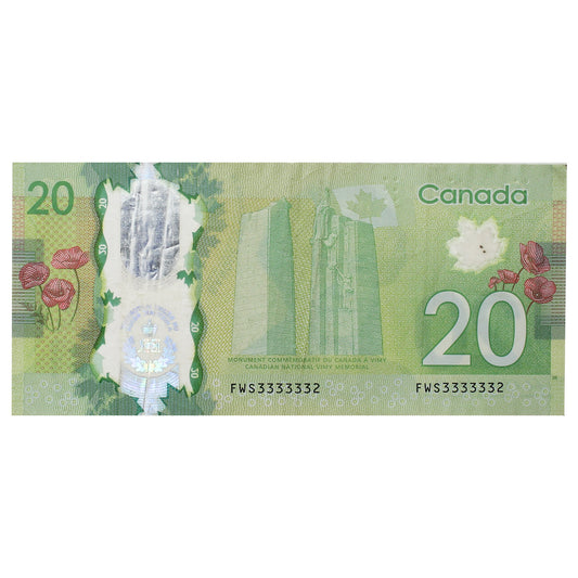BC-74 2015 Canada $20 Wilkins-Poloz with Neat Serial Number FWS3333332, CIRC