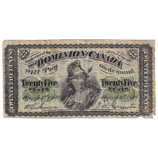 DC-1c 1870 Dominion 25-cent Shinplaster, Dickinson-Harington, Plain Series, F-VF (tear)