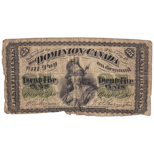 DC-1c 1870 Dominon 25-cent Shinplaster, Dickinson-Harington, Plain Series, F (dam'g)