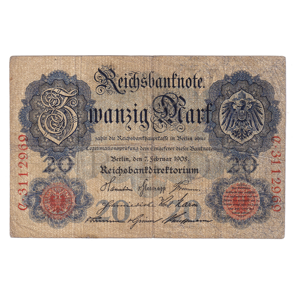 Germany 1908 20 Marks, Pick #31, VG (holes)