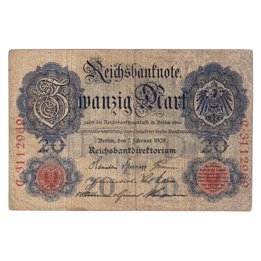 Germany 1908 20 Marks, Pick #31, VG (holes)