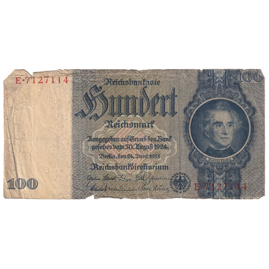 Germany 1935 100 Reichsmark, Pick #183b, VG-F (dam'g)
