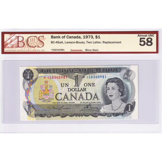 BC-46aA 1973 Canada $1 Lawson-Bouey, Two Letter, Replacement, *IG BCS Certified AU58 (Minor Stain)