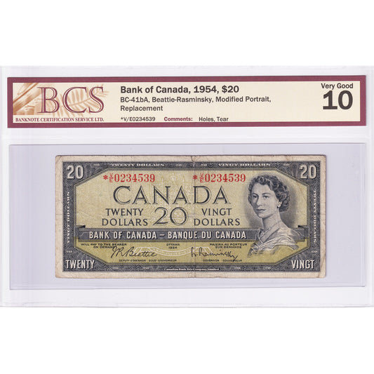 BC-41bA 1954 Canada $20 B-R, Modified, Replacement, *V/E BCS Cert. VG10 (holes, tear)