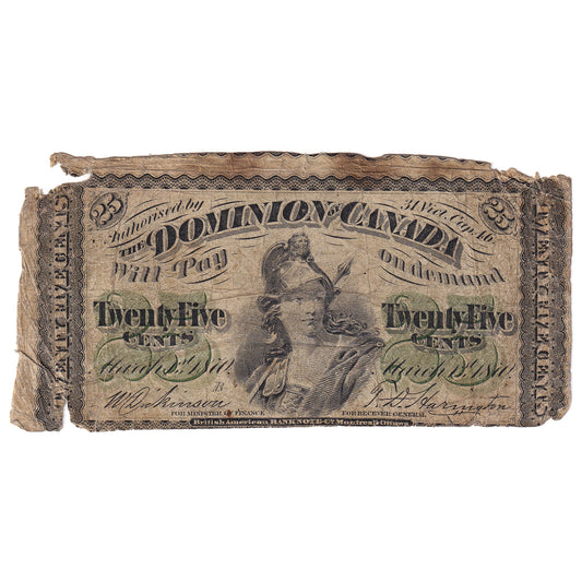 DC-1b-i-E25-i 1870 Dominion 25-cent Shinplaster, D-H, Cut out of Register, F (damaged)