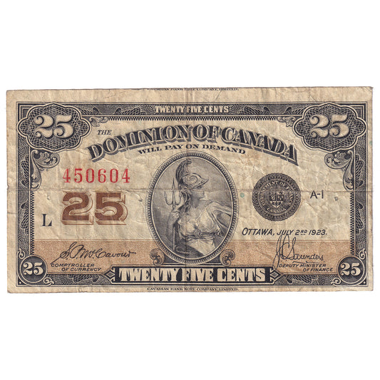 DC-24c-E25a-i 1923 Dominion 25-cent Shinplaster, McCavour-Saunders, Cut Off Size, F